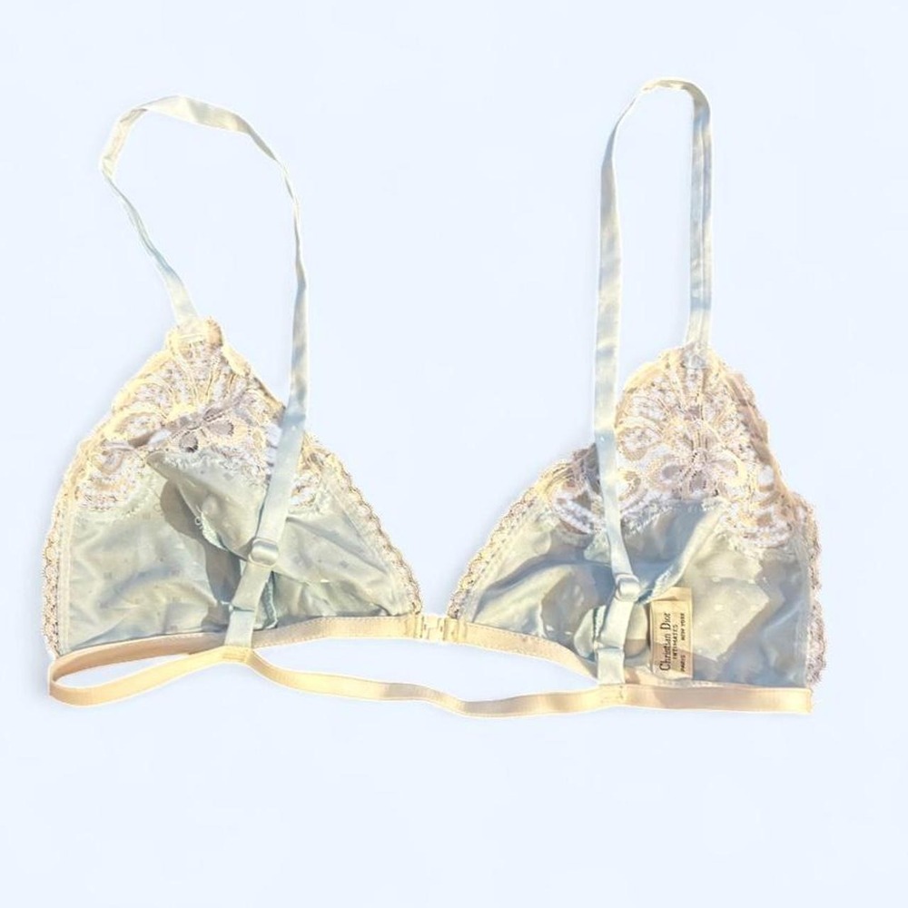 Vintage Christian Dior Pastel Blue Satin Lace Triangle Bralette Coquette - Picture 3 of 5